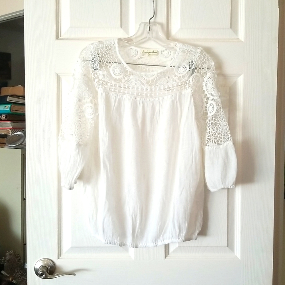 INDIGO ROSE Peasant Boho White Crochet Lace Blouse Size S - Picture 1 of 11